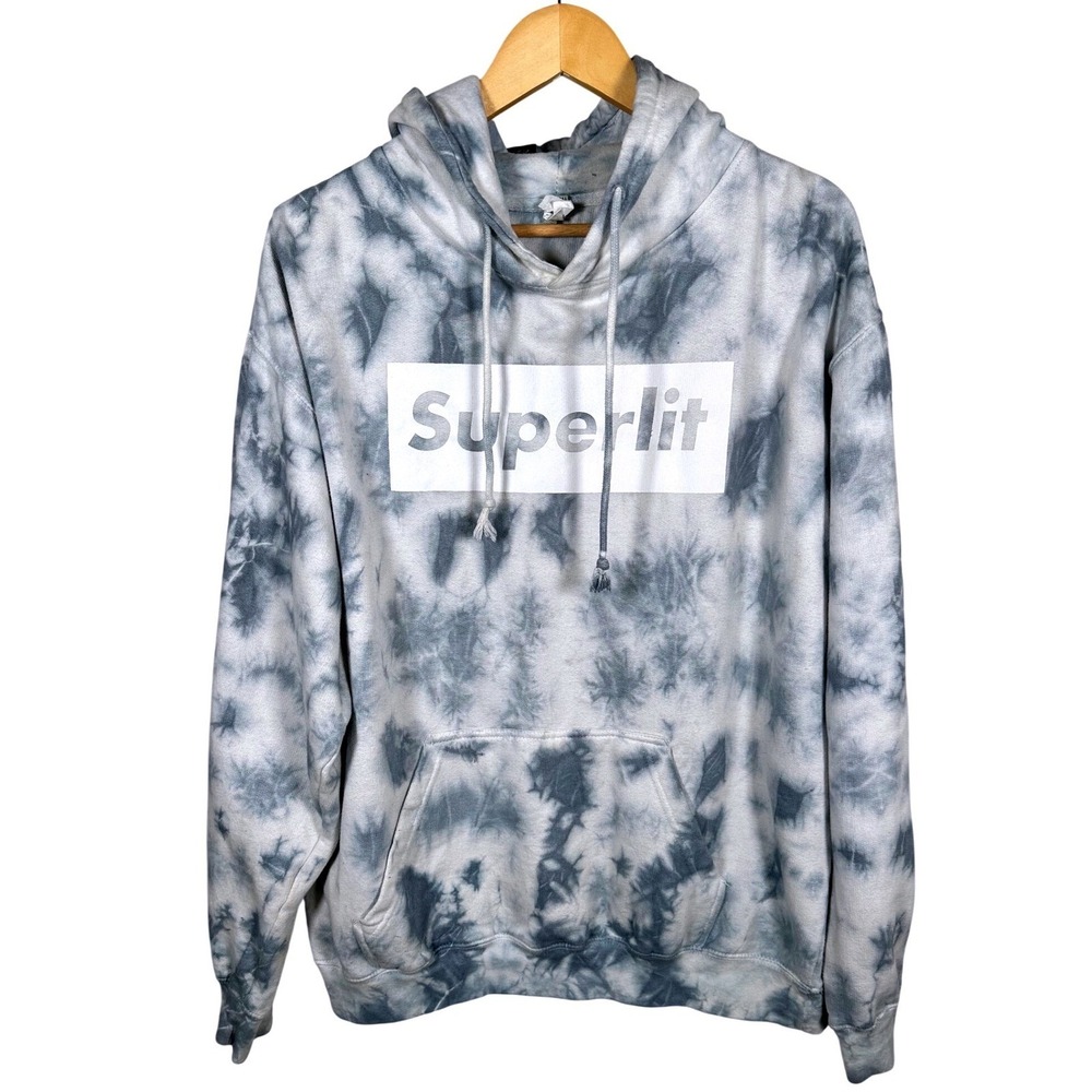 Superlit Tie Dye Hoodie Sweatshirt Pullover Gray White "Superlit" Logo Size L
